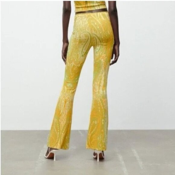 NWT Zara Jacquard Yellow and Green Paisley Flare Pants - Picture 2 of 7